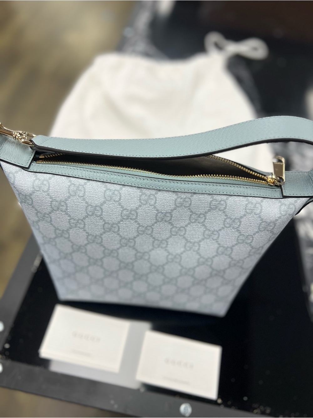 Auth GUCCI Ophidia Super Mini Shoulder Bag Light Blue GG Supreme Canvas RT 2200
